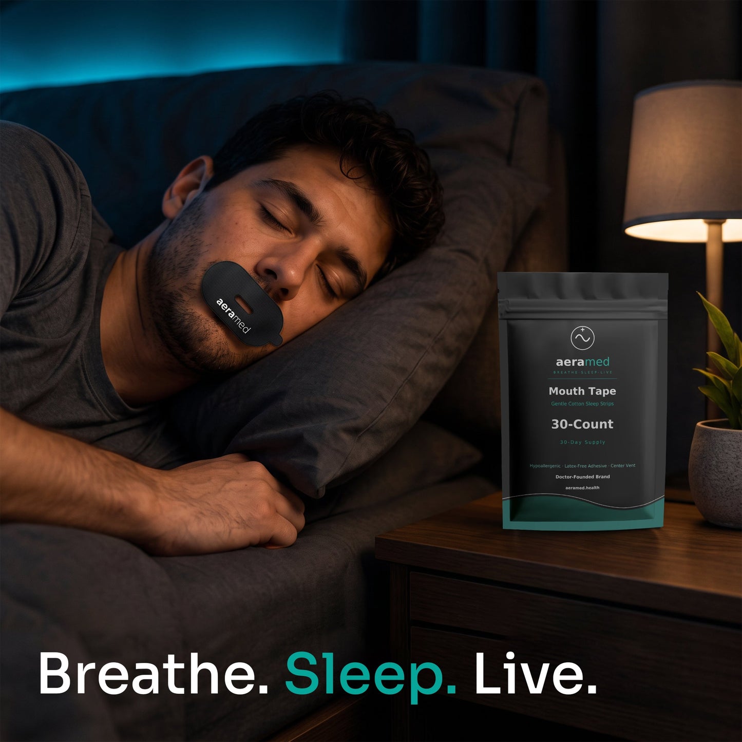 AeraMed Mouth Tape 30ct — lifestyle, man sleeping with tape applied