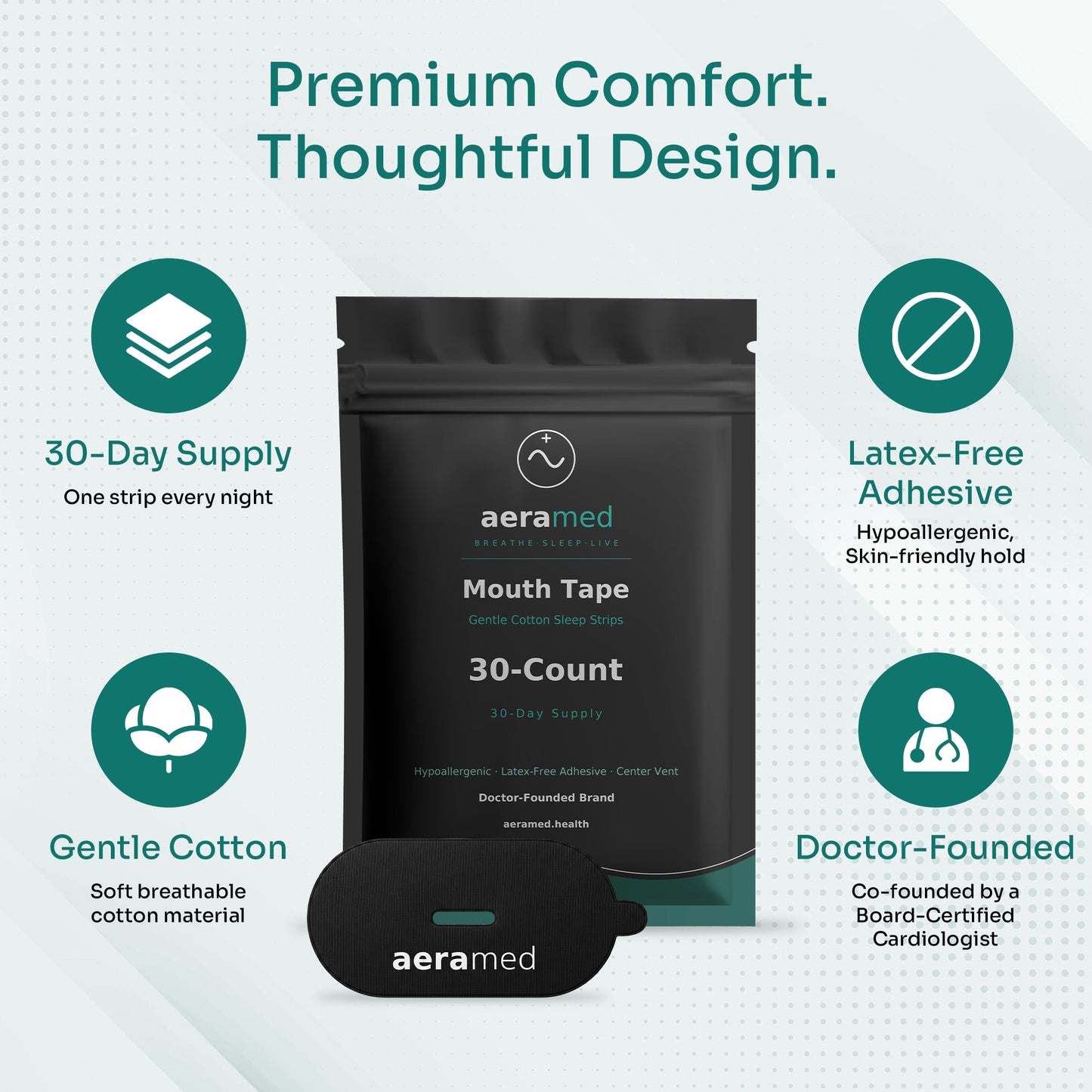 AeraMed Mouth Tape 30ct — benefits panel (30-day supply, latex-free, gentle cotton, doctor-founded)