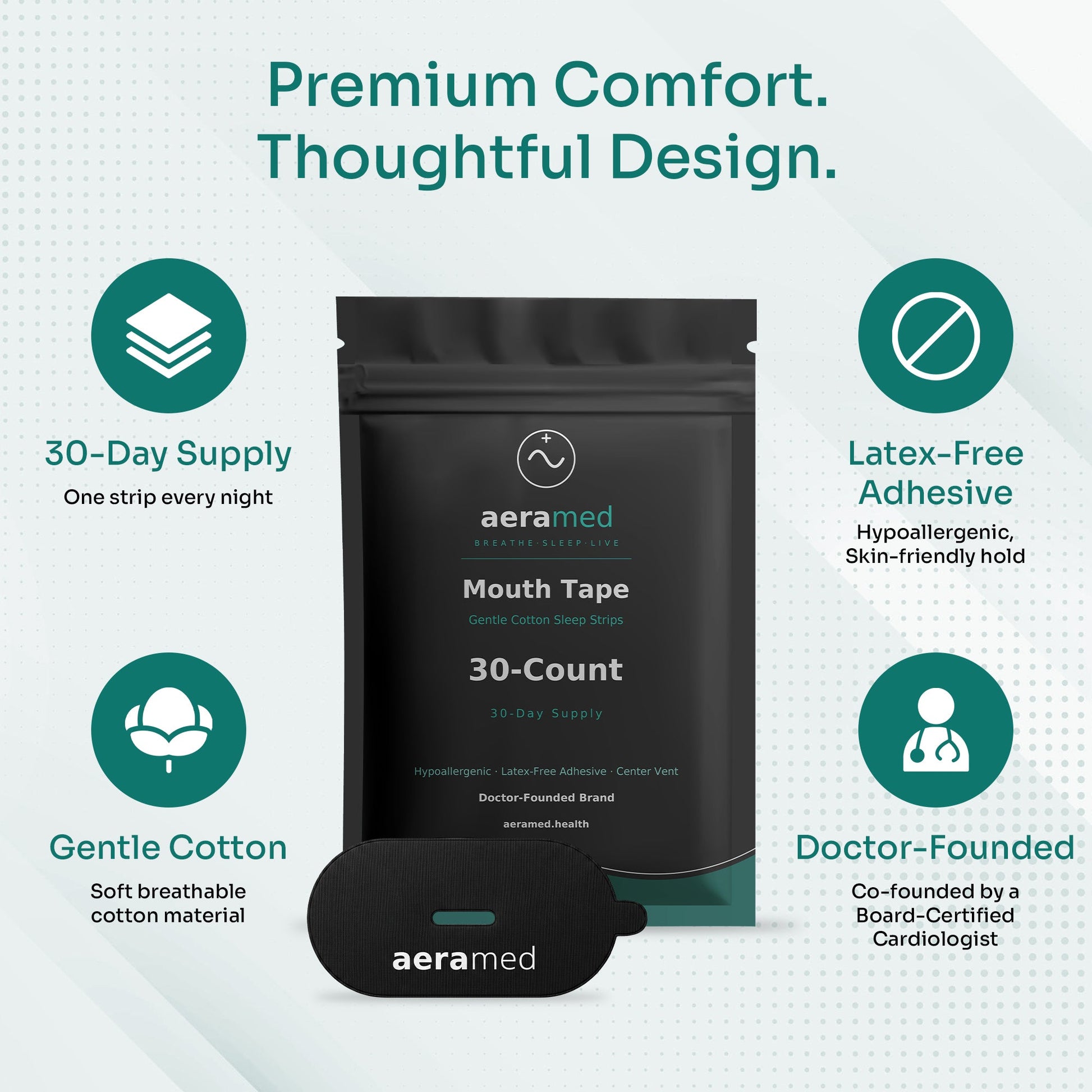 AeraMed Mouth Tape 30ct — benefits panel (30-day supply, latex-free, gentle cotton, doctor-founded)