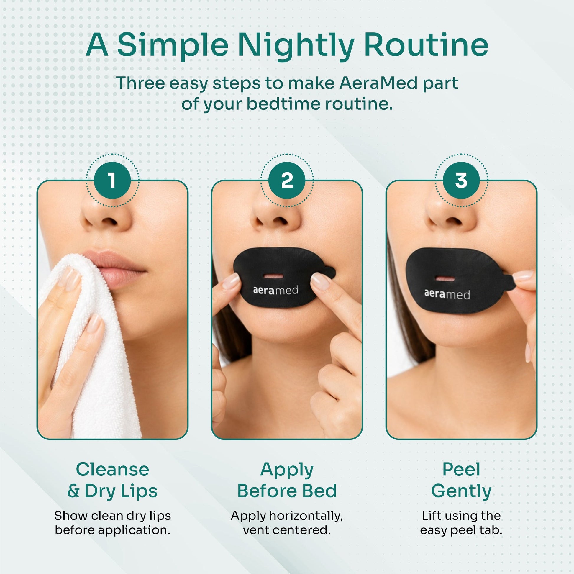 AeraMed Mouth Tape 30ct — how-to diagram, simple nightly routine (3 steps)
