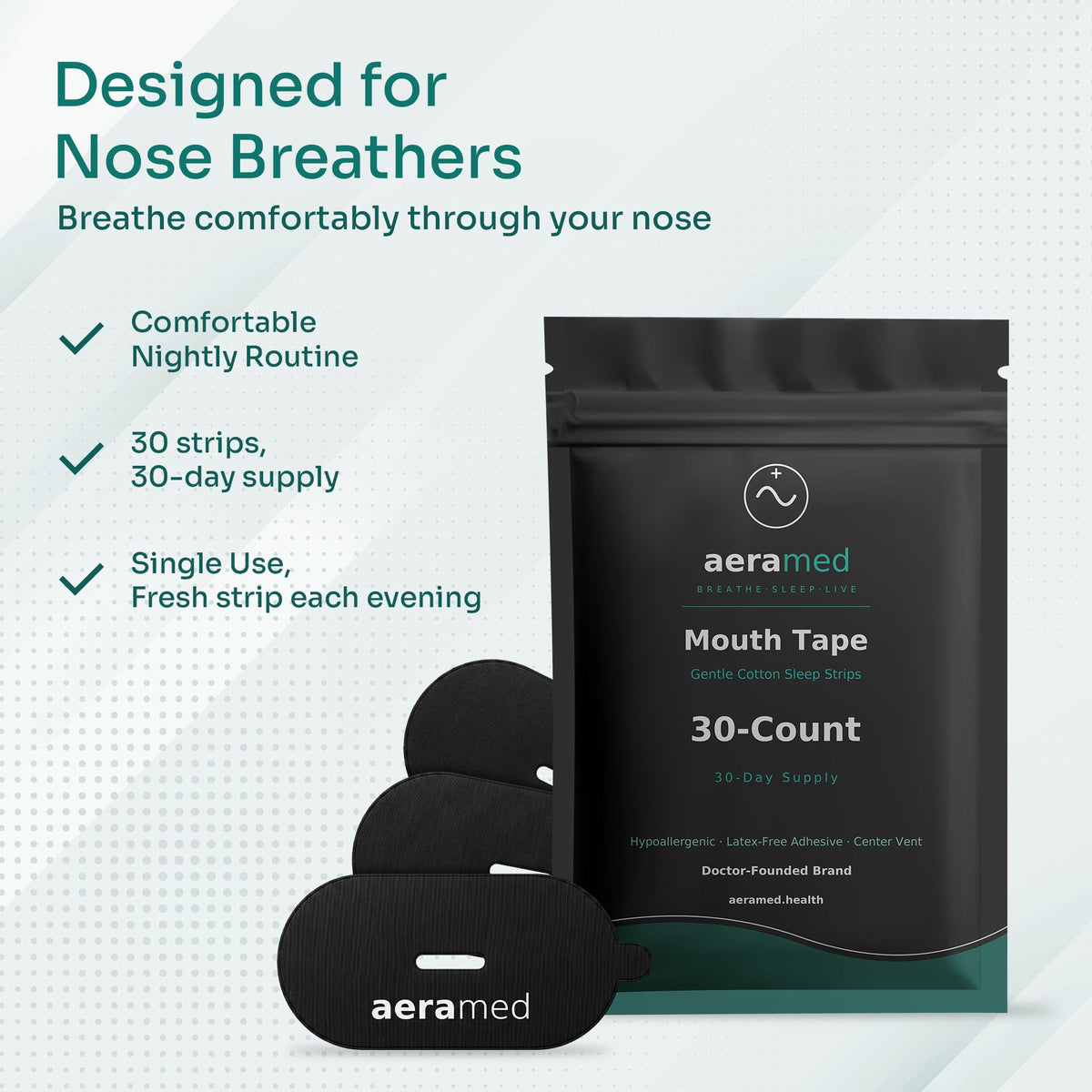AeraMed Mouth Tape 30ct — nose-breathers panel, black pouch with strips