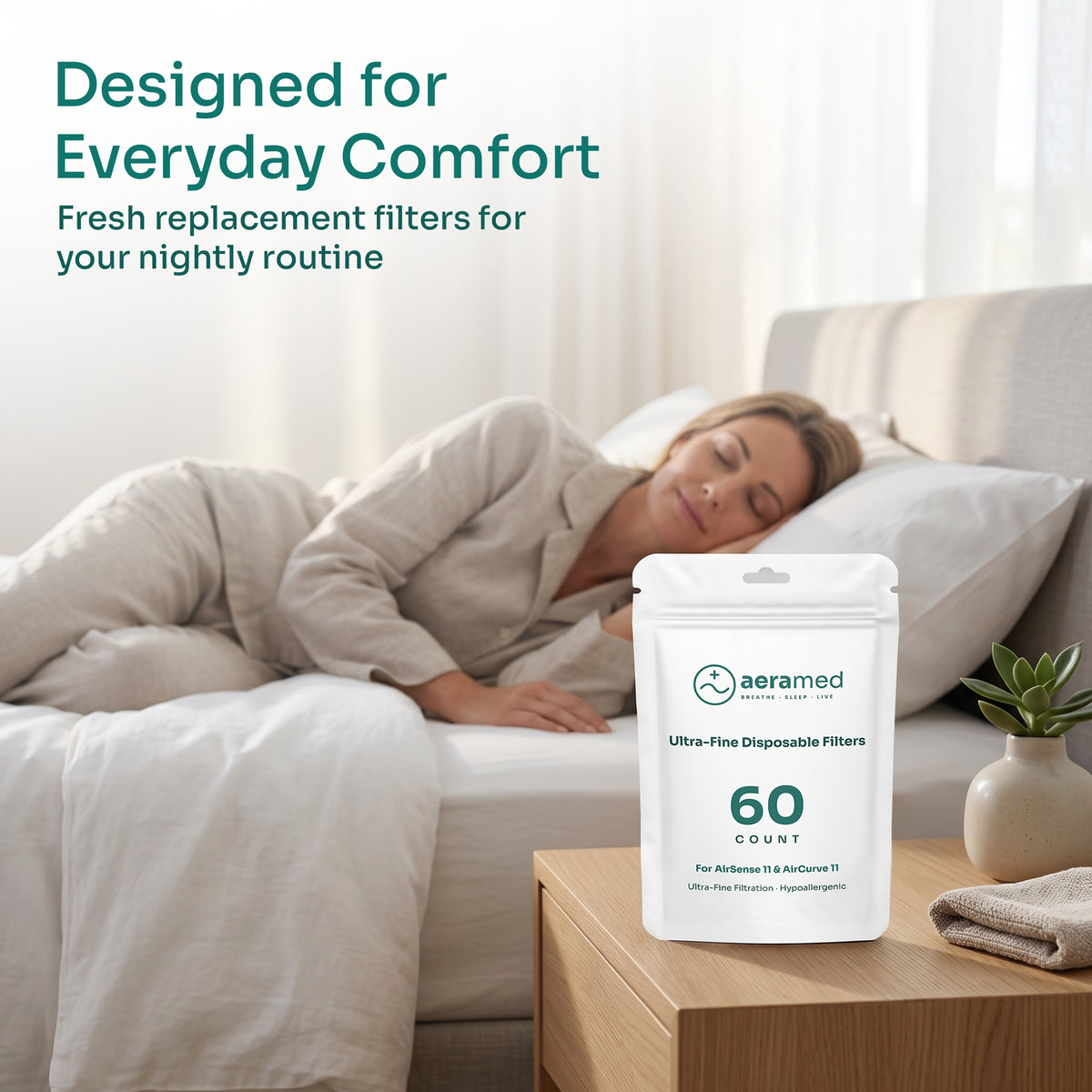 AeraMed CPAP Filters 60ct — lifestyle, filters pouch on nightstand with sleeper