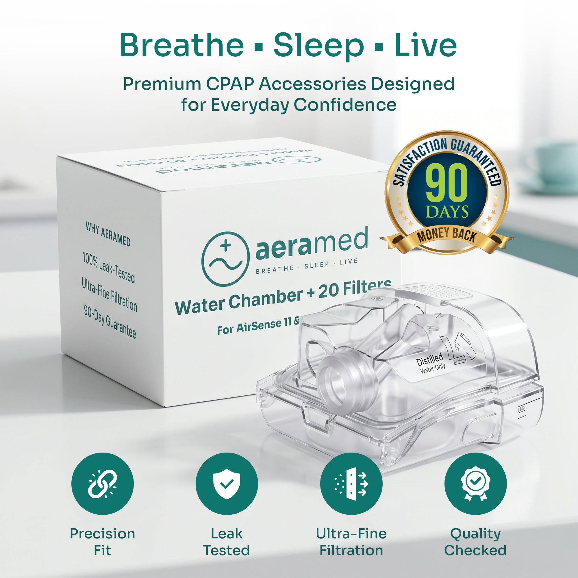 AeraMed Water Chamber — main packshot, box with 20 bonus filters