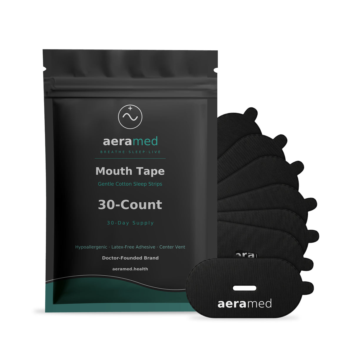 AeraMed Mouth Tape 30ct — main packshot, matte-black pouch with strips on white