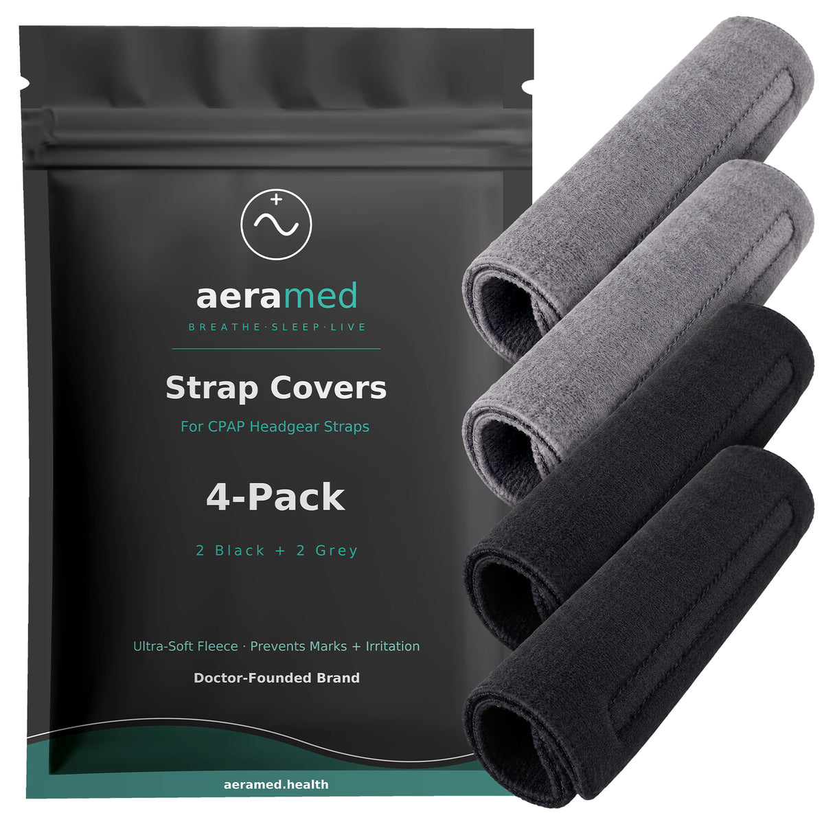 AeraMed CPAP Strap Covers — 4-Pack Soft Fleece (2 Black + 2 Gray)